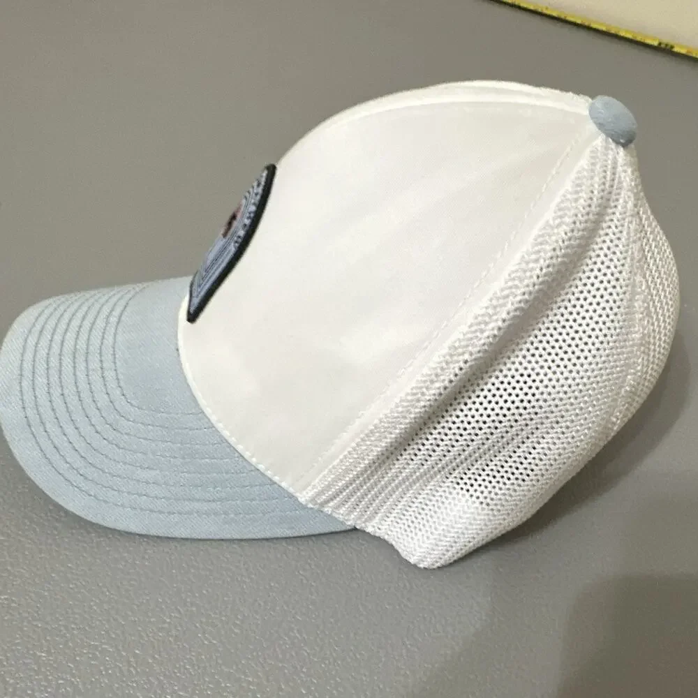 TravisMathew 110 One Ten Flexfit Trucker Hat White/Light Blue Palm Tree
